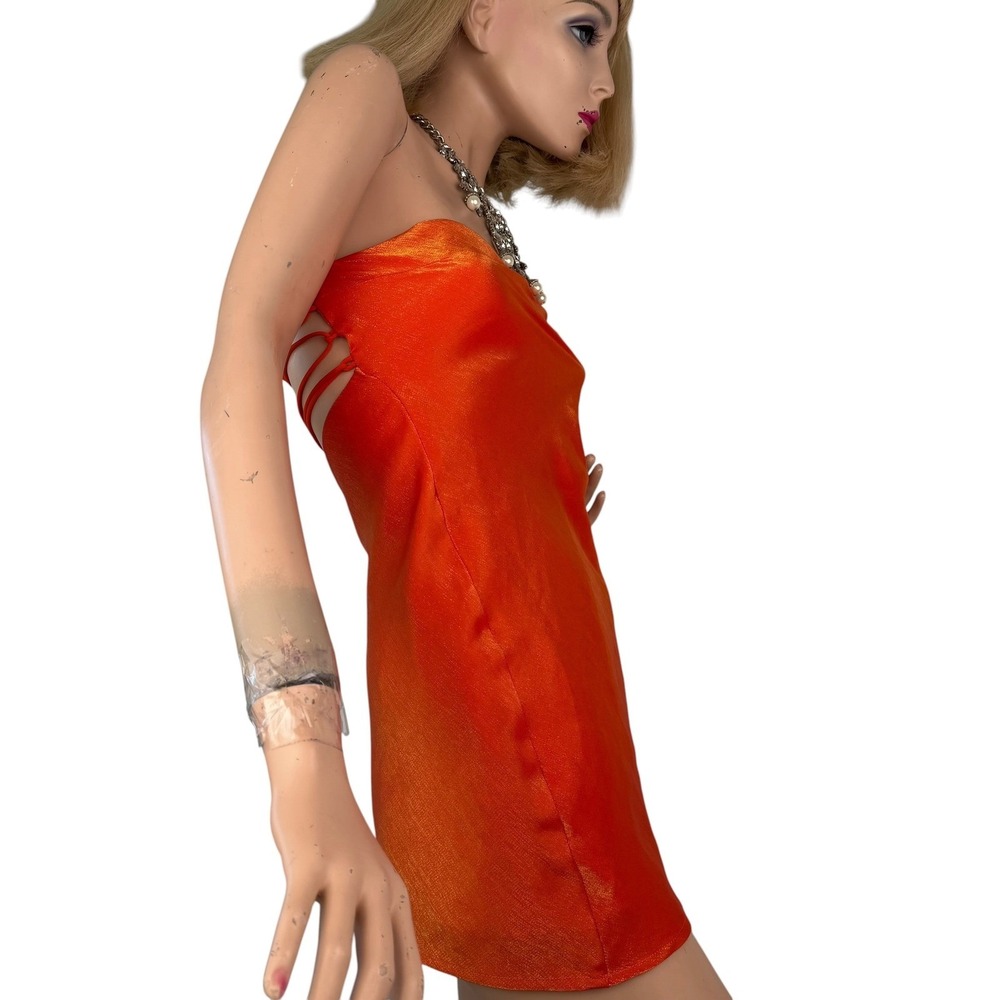 White Fox Strapless Mini Dress Orange Metallic Tie Up Back Vintage Y2K Baddie XS - Picture 6 of 13